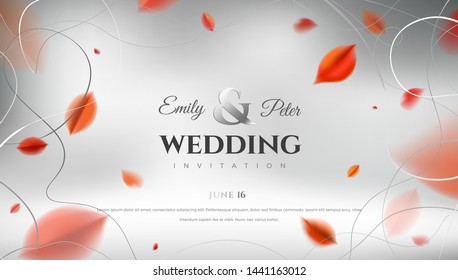 Luxury abstract Fall background with red autumn leaves and silver frame elegant decoration vector design