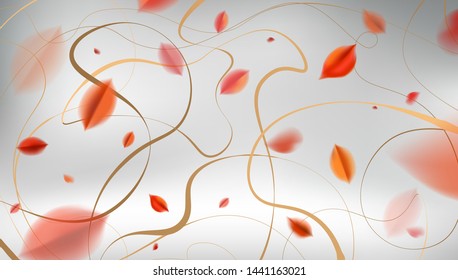 Luxury abstract Fall background with red autumn leaves and golden elegant decoration vector design