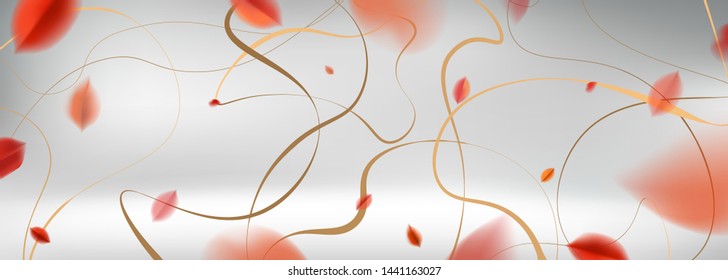 Luxury abstract Fall background with red autumn leaves and golden elegant decoration vector design