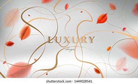 Luxury abstract Fall background with red autumn leaves and golden elegant decoration vector design
