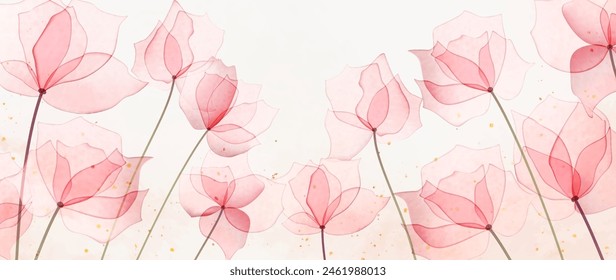 Luxury abstract floral art background with pink transparent flowers in watercolor style. Botanical banner for decoration, print, wallpaper, textile, interior design, poster.