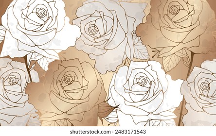 Luxury abstract floral background with gold and white roses.