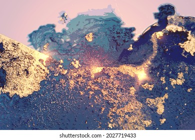 Luxury abstract fluid art alcohol ink pattern with marble texture. Modern denim blue and gold background with paint splash and golden glitter for poster, flyer, brochure design.