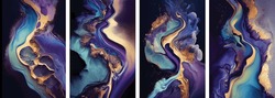 Luxury Abstract Fluid Art Painting In Alcohol Ink Technique, Mixture Of Blue And Purple Paints. Imitation Of Marble Stone Cut, Glowing Golden Veins