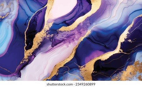 Luxury abstract fluid art painting in alcohol ink technique, mixture of blue and purple paints. Imitation of marble stone cut, glowing golden veins. Tender and dreamy design Vector Illustration
