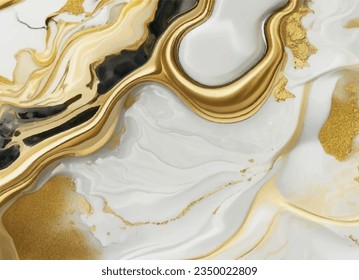 Luxury abstract fluid art painting in alcohol ink technique, mixture of black and gold paints. Imitation of marble stone cut, glowing golden circles. Tender and dreamy design.