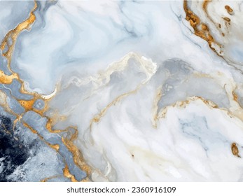 Luxury abstract fluid art painting in alcohol ink technique, mixture of blue and gold paints. Imitation of marble stone cut, glowing golden veins. Alcohol Abstract. blue and gold spots