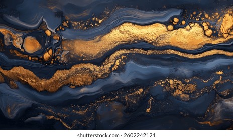 Luxury abstract fluid art painting background alcohol ink technique Blue , Black and gold layer