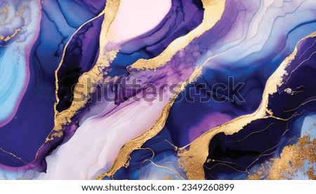 Luxury abstract fluid art painting in alcohol ink technique, mixture of blue and purple paints. Imitation of marble stone cut, glowing golden veins. Tender and dreamy design Vector Illustration
