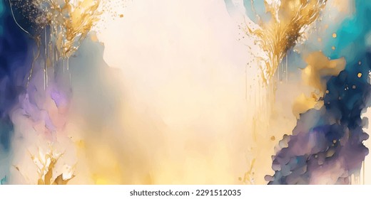 Luxury abstract fluid background in alcohol ink technique. Mixing of purple, turquoise, blue, yellow and gold colors. Art painting backdrop with glowing golden veins. Tender and dreamy design.