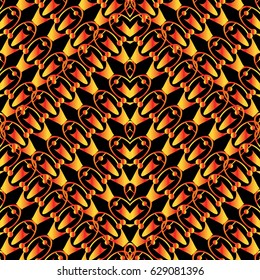 Luxury abstract geometric seamless pattern.  Trendy vector black background wallpaper with orange  tribal shapes, figures,rhombus, triangles, love hearts and modern   ornaments in aztec style