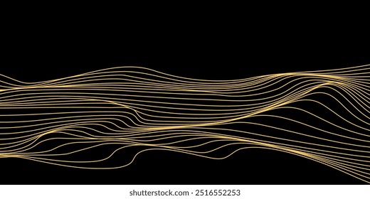 Luxury abstract gold waves flowing smooth curves gradient line pattern on black background. Vector illustration
