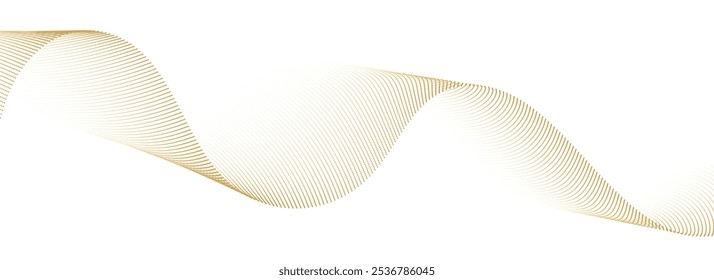 Luxury abstract gold wavy line pattern (guilloche curves) with copy space. Elegant golden color smooth gradient on transparent background. Premium vector striped texture for banner, business backdrop.
