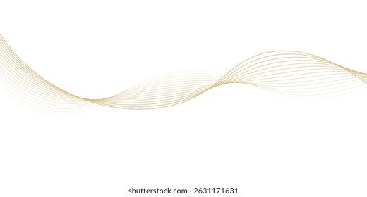 Luxury abstract gold wavy line pattern (guilloche curves) with copy space. Elegant golden color smooth gradient on white background. Premium vector striped texture for banner, business backdrop.
