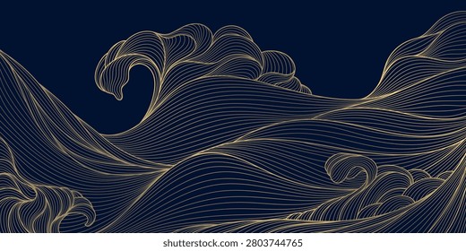 Luxury abstract Japanese wave pattern with elegant gold on black line art, flowing curves, modern geometric shapes of ocean, river, cloud. Premium vector design, wallpaper, packaging, wine labels, posters
