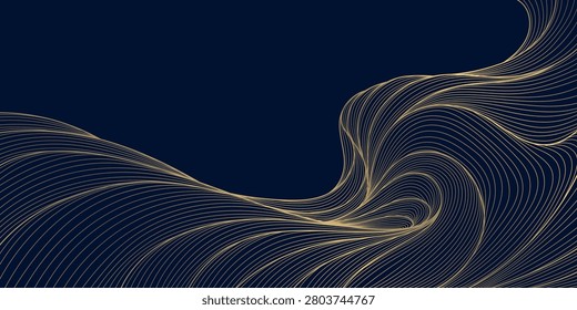 Luxury abstract Japanese wave pattern with elegant gold on black line art, flowing curves, modern geometric shapes of ocean, river, cloud. Premium vector design, wallpaper, packaging, wine labels, posters