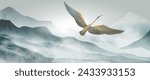 Luxury abstract landscape art background with crane bird and mountains. Vector print for design of poster, textile, wallpaper, interior design, banner, decor.