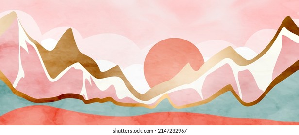 Luxury abstract landscape art background with mountains and hills. Vector banner with hills, mountains and sun for decoration, wallpaper, packaging, fabriс