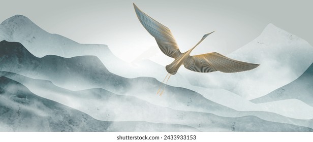 Luxury abstract landscape art background with crane bird and mountains. Vector print for design of poster, textile, wallpaper, interior design, banner, decor.