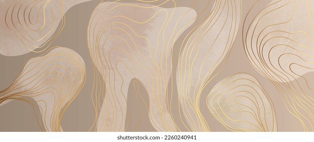 Luxury abstract line art background vector. Wallpaper design with gold curve line art pattern, earth tone watercolor texture background. Design illustration for home decoration, card, poster, banner.