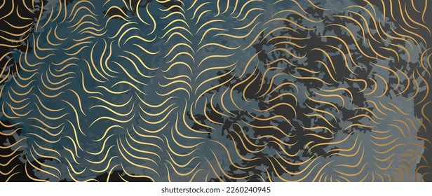 Luxury abstract line art background vector. Wallpaper design with golden curve line art pattern and watercolor texture background. Design illustration for home decoration, card, poster, banner.