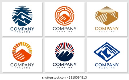 Luxury abstract line mountain peak logo design set. Modern hill logo branding.