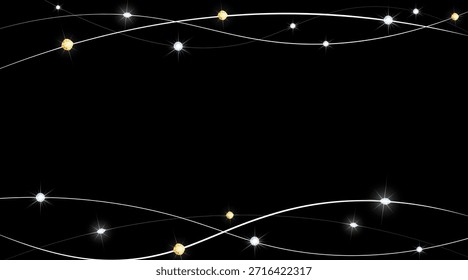 Luxuriöse abstrakte Lichtwellenlinien mit funkelnden Lichtteilchen auf schwarzem Hintergrund, elegante futuristische Glow Motion Design Hintergrund