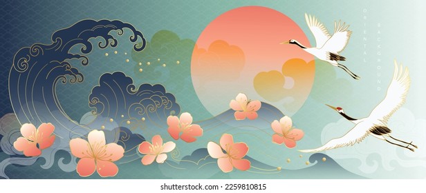 Luxury abstract oriental pattern background vector. Elegant japanese pattern gold line art design with crane birds, ocean wave, sakura flowers. Design illustration for home decoration, card, poster.
