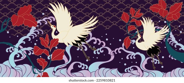 Luxury abstract oriental pattern background vector. Elegant japanese pattern gold line art design with crane birds, leaf branch and water splash. Design illustration for home decoration, card, poster.