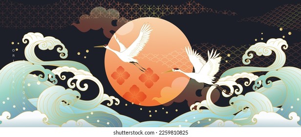 Luxury abstract oriental pattern background vector. Elegant japanese pattern gold line art design with crane birds and ocean wave water splash. Design illustration for home decoration, card, poster.