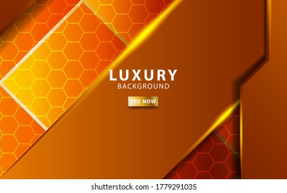 pancarta de fondo de vectores de color naranja premium abstracto de lujo con línea dorada.Capas superpuestas con efecto de papel.Efecto de luz realista sobre fondo texturizado hexagonal.ilustración vectorial