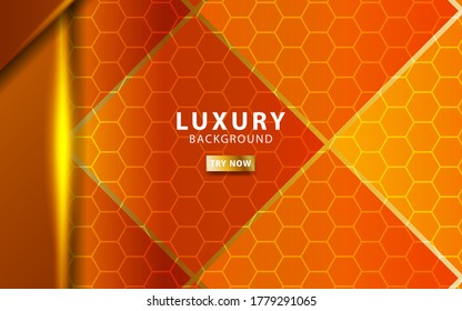 luxury abstract premium orange vector background banner with gold line.Overlap layers with paper effect.Realistic light effect on hexagon textured background.vector illustration.