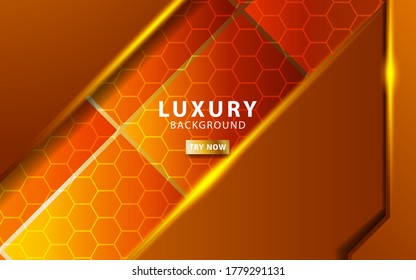 pancarta de fondo de vectores de color naranja premium abstracto de lujo con línea dorada.Capas superpuestas con efecto de papel.Efecto de luz realista sobre fondo texturizado hexagonal.ilustración vectorial