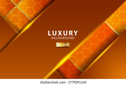 pancarta de fondo de vectores de color naranja premium abstracto de lujo con línea dorada.Capas superpuestas con efecto de papel.Efecto de luz realista sobre fondo texturizado hexagonal.ilustración vectorial