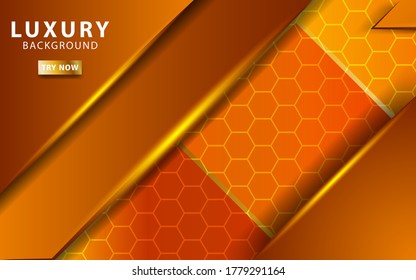 pancarta de fondo de vectores de color naranja premium abstracto de lujo con línea dorada.Capas superpuestas con efecto de papel.Efecto de luz realista sobre fondo texturizado hexagonal.ilustración vectorial