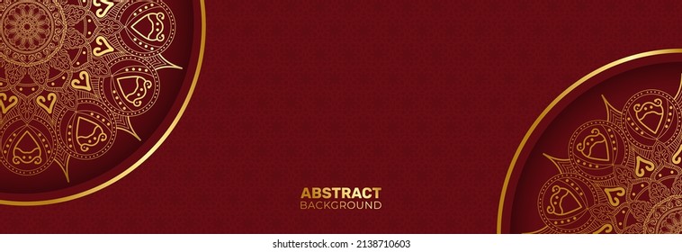 Luxuriöser abstrakter roter Hintergrund mit geometrischen Formen, goldenen mandalanischen Linien und Mustern. Vektorgrafik eines modernen Vorlagendesigns für ein süßes und elegantes Gefühl.