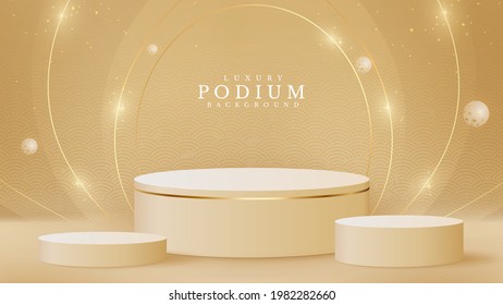 Luxury abstract scene. Golden curve lines sparkle and balloons with cylinder podium shape for show product. Cream color shade background and stage about sweet feeling. vector illustration for design.