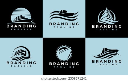 Luxury abstract sea cruise logo design set. Elegance ocean ship logo branding.