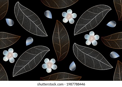 Luxury abstract seamless pattern with painted gold and silver leaves, flowers, petals. Template for creating packaging, wallpaper, fabric. Vector illustration.