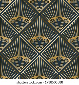 Luxury abstract seamless patterns, retro golden lines texture background, peacock feather shape, vector illustration