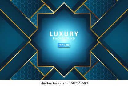 luxury abstract technology blue vector background with gold line.Overlap layers with paper effect. digital template. Realistic light effect on textured hexagon background.vector illustration.