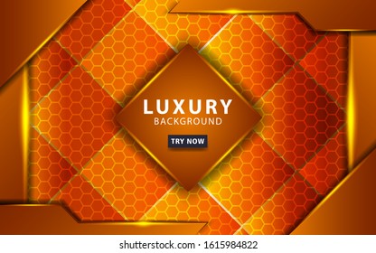 luxury abstract technology orange vector background with gold line.Overlap layers with paper effect. digital template. Realistic light effect on textured hexagon background.vector illustration.