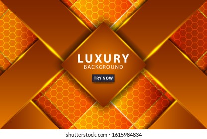 luxury abstract technology orange vector background with gold line.Overlap layers with paper effect. digital template. Realistic light effect on textured hexagon background.vector illustration.