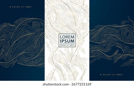 Fondo de Vector abstracto de lujo, patrones líquidos dorados y negros, líneas elegantes, texturas de mármol, diseño asiático moderno. Tarjetas de Premium, invitaciones de boda, carteles de moda, Plantillas VIP, mosca de negocios
