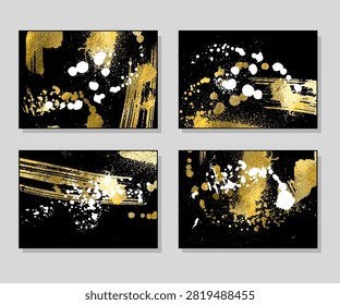 Luxury abstract vector backgrounds featuring gold foil textures, expressive paint splashes, ink blots and artistic brush strokes on black backgrounds.