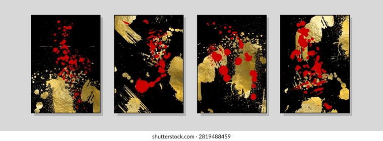 Luxury abstract vector backgrounds featuring gold foil textures, expressive paint splashes, ink blots and artistic brush strokes on black backgrounds.