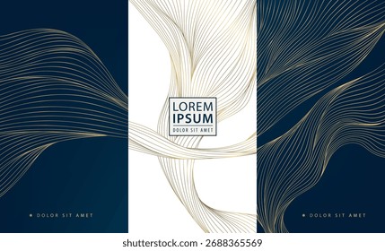 Luxury abstract vector backgrounds, golden wave lines, marble textures, elegant geometric frames, royal modern style. Premium packaging, wine or perfume labels, wedding cards