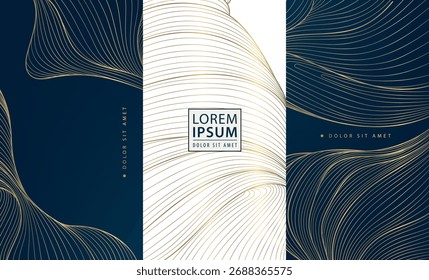 Luxury abstract vector backgrounds, golden wave lines, marble textures, elegant geometric frames, royal modern style. Premium packaging, wine or perfume labels, wedding cards