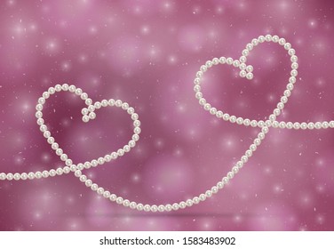 Luxury accessories symbol love. Romantic concept beautiful natural jewelry shape two intertwined hearts. Pearl necklace. Thread pearls. Realistic white pearls on beautiful background. Pearl chain hear