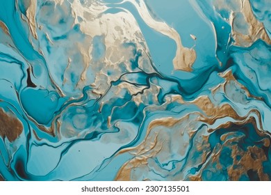 Luxury acrylic fluid art 3d vector background. Liquid marbled textured pattern ornament with surface wavy lines, gold glitters. Modern decorative ornate trendy design in blue gold colors.